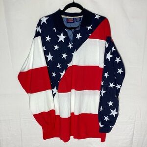 Vintage Time AM USA Flag Stars And Stripes Patriotic Long Sleeve Polo Shirt XL